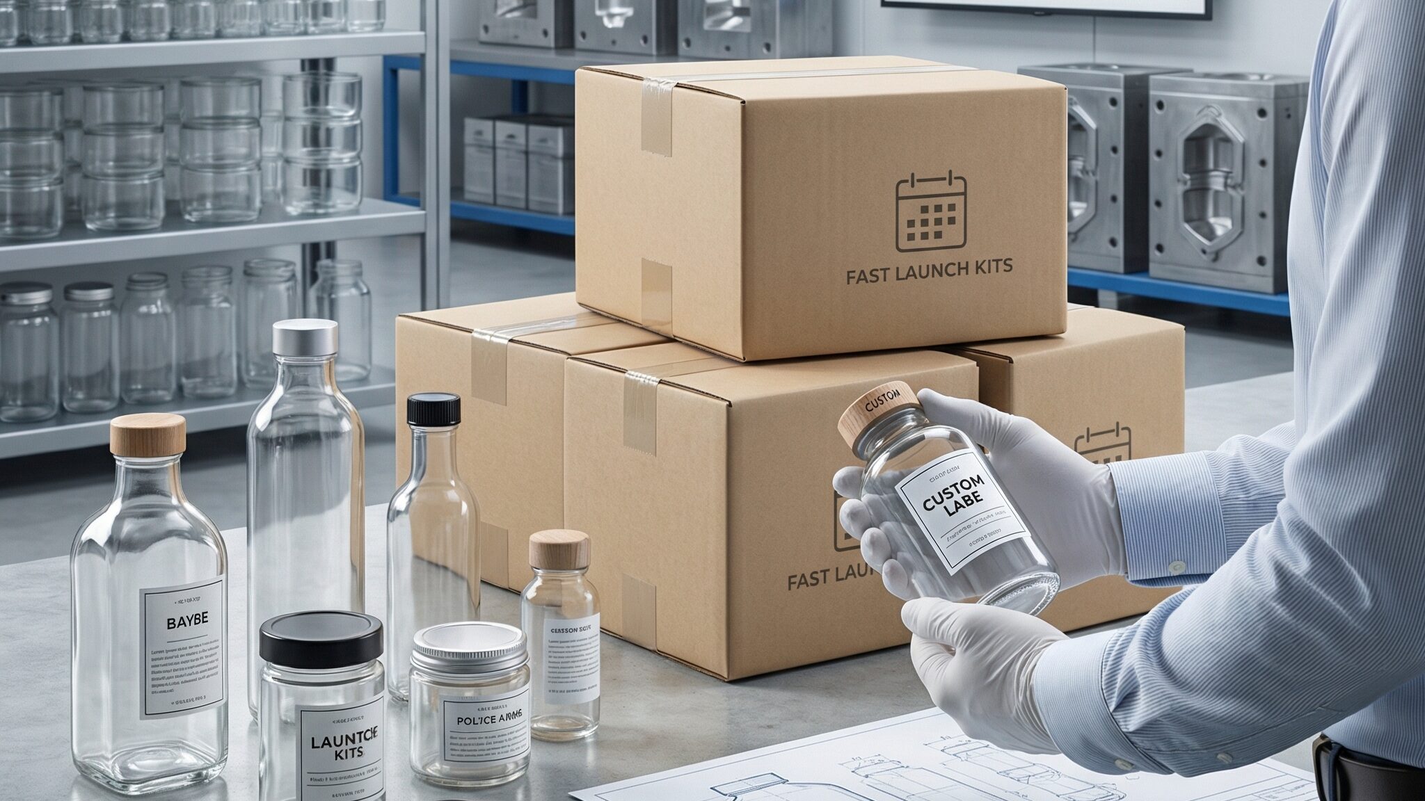 Professional B2B imagery of Premium Packaging Product focusing on Launch Faster with Custom Glass Packaging.