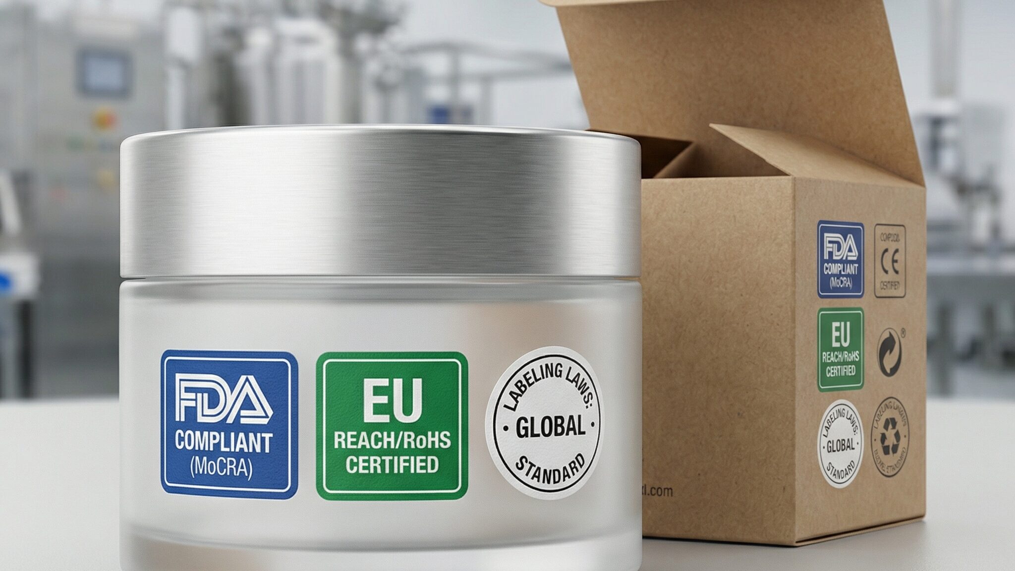 Professional B2B imagery of Premium Packaging Product focusing on Regulatory Compliance: FDA, EU, and Labeling Laws.