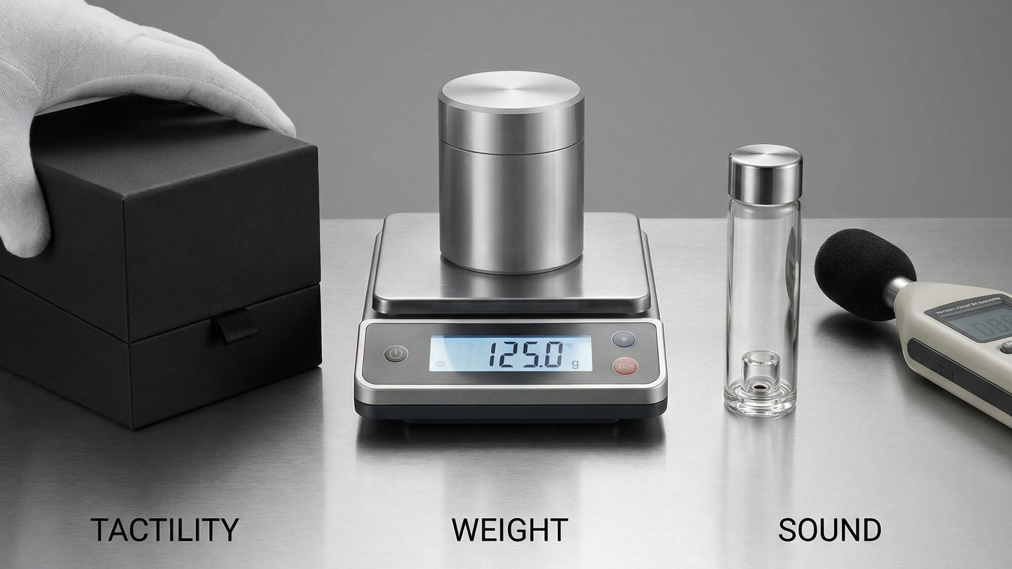 Professional B2B imagery of Premium Packaging Product focusing on The 3 Pillars of Luxury Design: Tactility, Weight, Sound.